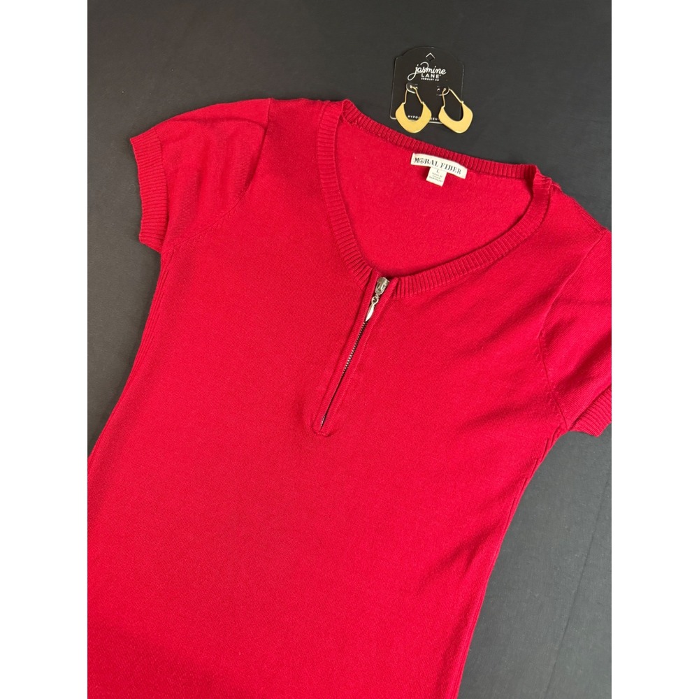 Moral Fiber Red Short Sleeve Quarter Zip Knit Sweater Mini Dress Womens Large